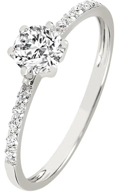 DOOSTI Antragsring, Verlobungsring, Solitärring, Vorsteckring, engagement ring aus 585/- Weissgold mit 1 großer Moissanite Stein 0,33 ct. (4,5mm Durchmesser) und 10 kleine Moissanite Steine