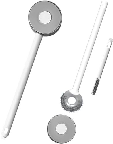 Toilettenbürste Silikon Klobürste WC Bürste - Klobürste mit Randreiniger und Halter, Langer Stiel Klobürsten, für Badezimmer oder Gäste-WC (Weiß Grau)
