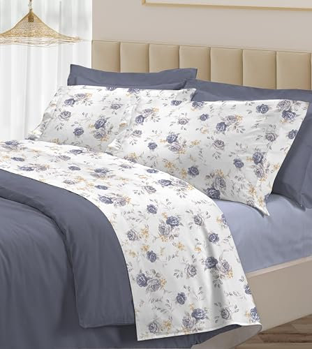 Riad Arredo Set Completo Letto 100% Cotone Percalle Italiano - Set Lenzuola Morbido Delicato Made in Italy (Fiori Grigio, Matrimoniale)