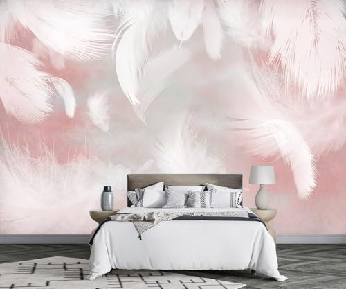 Fototapete 3D Effekt Tapete Weiße Feder Rosa Tapeten Vliestapete Wandbilder Schlafzimmer Wanddeko Wohnzimmer -D032-400cmX260cm