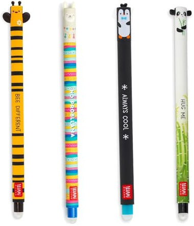 LEGAMI - Lot de 4 stylos gomme gel, stylos à encre effaçable, abeille, lama, panda et pingouin, effaçables sans utiliser de feuilles, pointe 0,7 mm
