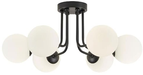 Modern Hängend Lampe Deckenleuchte Schwarz Deckenlampe Retro Luster Hängeleuchte Pendelleuchte Vintage Kronleuchter Wohnzimmer Schlafzimmer Küche Esstisch mit 6 Mattglas Kugel Glas Globe Lampenschirm
