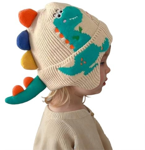 Kleinkind Winter Beanie Hut Jungen Mädchen Gestrickte Dinosaurier Mütze mit Bommel Warm Earflap Hut Kappe Cap Cartoon Bommelmütze Wintermütze mit Ohrenklappen cremefarben