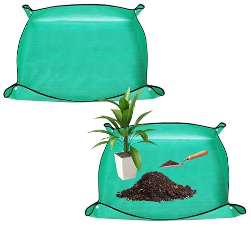 MYLERCT 2 Stück wasserdichte Umtopfmatte Faltbar mit Kunststoffschnalle | Pflanzmatte, Faltbar Pflanzen Umtopfmatte, Verdicktes PE, Reißfest, 4 Ecken als Auffangwanne, für Umtopfen, Säen & Schneiden
