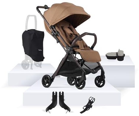 Silver Cross - Jet 5 Compact Pushchair & Accessories Bundle - Travel Stroller, Snack Tray, Phone Holder & Universal Car Seat Adaptors - Foldable Stroller - Newborn to 4 Years - Cinammon