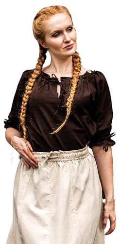 Leonardo Carbone® Damen Bluse Vera | Schulterfrei | Schnürung | Karneval, Halloween, Cosplay, LARP, Mittelalterbluse, Tunika, Kostüm, Festival, Event | 100% Baumwolle Dunkelbraun XL