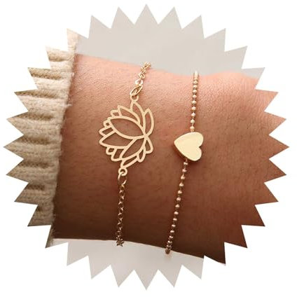 Cybche Boho Lotus Blumen Armband Gold Kleines Herz Armband Hohl Floral Armband Seerose Armband Liebes Herz Armreif Armband Verstellbar Blume Hand Kette Armband Schmuck Für Frauen