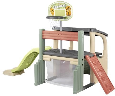 Smoby Life - Fun Center - Centre d'activités Multi-Sports - Toboggan, Panier de Basket, Cage de Foot, Mur Réversible - Matière Recyclée - A Partir de 2 Ans - Fabrication Française