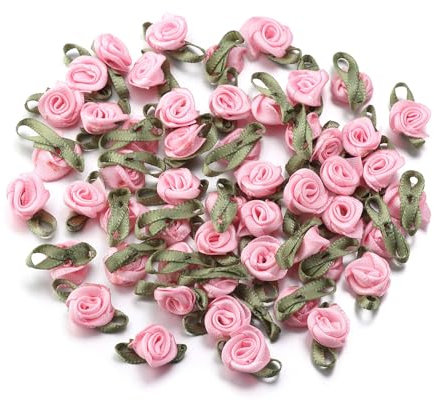 BrightGlow 100 mini rose in raso, per fai da te, fiocchi, rose finte, rose artificiali, fai da te, per matrimoni, decorazioni fai da te, colore rosa chiaro