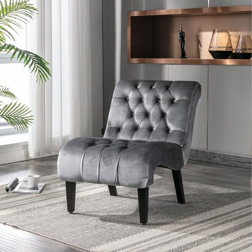 EASTALOLO Moderner Samt Sitzsessel ohne Armlehnen - Lesesessel bequem mit Holzbeinen, Relaxliege Wohnzimmer & Chill Sessel für Schlafzimmer, Büro, Wohnbereich (Silber Grau)