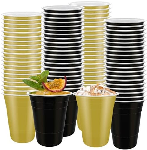 80 Pcs Black and Gold Plastic Cups- 16 oz Reusable Plastic Party Cup Sturdy Colored for Drinking Wedding Birthday Party Christmas