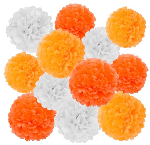 GAKA FAVOR 12er Orange und Weiß Seidenpapier Pompons Set,Tissue Hängedekoration Papier Pompoms Deko für Hochzeit,Taufe,Geburtstag,Kommunion,Valentinstag Muttertag Party Deko