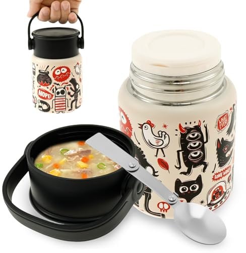 Ghshanog Insulated Food Flask,500ML Thermal Soup Flask,Stainless Steel Vacuum Food Jar,Thermo Hot Lunch Container Width Mouth Lunch Box with Handle Folding Spoon for Kids(Black)