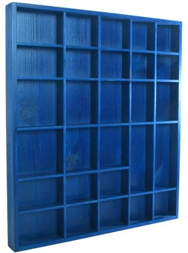 WooDeeDoo Wooden 28 Compartments Display Trinkets Shelf - Hand-Stained - Blue - Satin - Boho Wall Vibe Figurines Rack Collectables Miniatures Crystals Decorative Cabinet - 45 x 40 x 3.5 cm