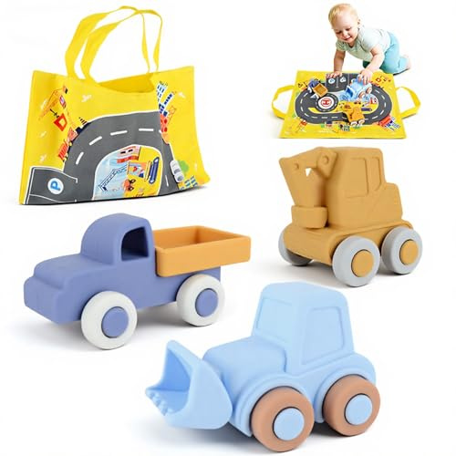 CHMMY Baby Car Toys, Silicone Play Vehicles with Car Play Mat Storage, Mold-Free Baby Bath Toys Montessori Toys Sensory Toys Gifts for 1+ Year Old | Bulldozer, Digger & Lorry for Home & Travel