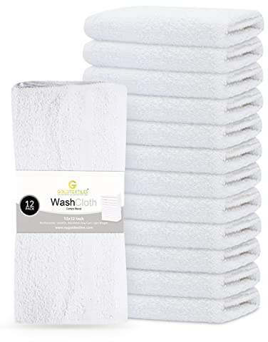 GOLD TEXTILES 12 Pack Economy White Washcloths Set (12x12 inches) - Cotton Blend Commercial Grade Cleaning Rags, Quick Drying & Soft Face Cloths, Fingertip Towels for Bathroom, Spa, Gym, and Kitchen
