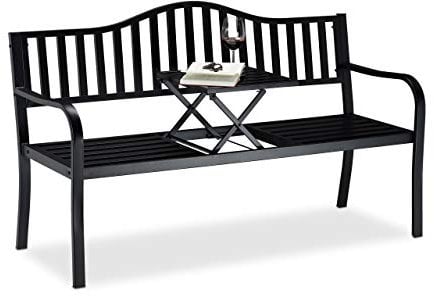 Relaxdays Banc de jardin avec table pliante, 3 places, extérieur, balcon et terrasse, robuste, 90 x 150 x 57,5 cm, noir