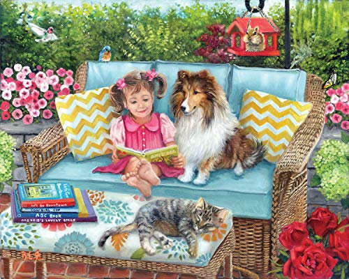Bits and Pieces - 300 Piece Jigsaw Puzzle for Adults 46cm x 61cm - Story Time - 300 piece Dog and Cat on The Patio Wicker Furniture Girl Book Jigsaw by Artist Brooke Faulder