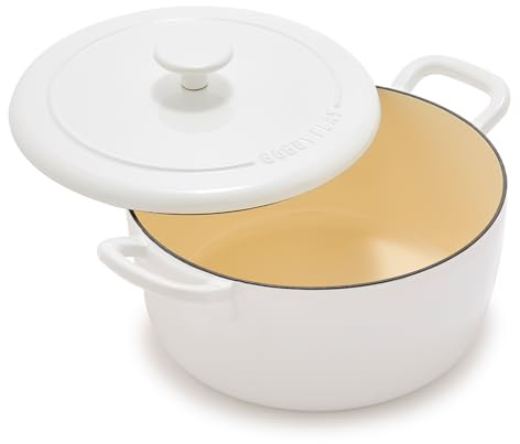 GreenPan x Bobby Flay 5.5QT Enameled Cast Iron Round Dutch Oven with Lid, Dual Handles, Oven Safe to 500F & Induction Suitable, Self Basting Lid, Ultra-Durable, Sear, Braising, Bread, Stews, Ivory