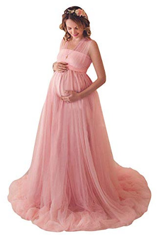IBTOM CASTLE Robe Grossesse Shooting Photo Sexy Longue Jupe en sans Manches Bandage Tulle pour Photographie Plage Mariage Plage Soireé Cérémonie Jupes Femme Enceintes Maternité Rose Large
