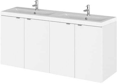 Hudson Reed CBI133A Fusion Modern Bathroom 4 Door Wall Hung Vanity Unit and Full Depth Double Ceramic Basin, 1200mm, Gloss White