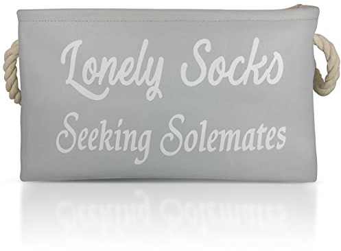 Lost Socks Basket Laundry Sign Laundry Room Sock Basket Missing Sock Sign Laundry Room Decor Farmhouse Style Modern Socks Basket Roped Handles (Grey/White)