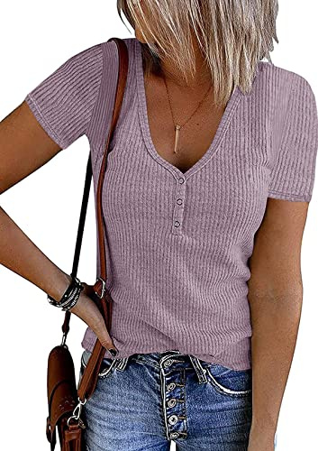 MEROKEETY Women's Summer Short Sleeve V Neck T Shirts Casual Ribbed Button Henley Knit Tops Blouse, Taro, L