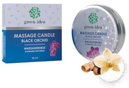 Green idea - Massagekerze mit Sheabutter, Bienenwachs und echten ätherischen Ölen - 4 Düfte - Romantische Massagekerze NATUR - 30 ml (Schwarze Orchidee)