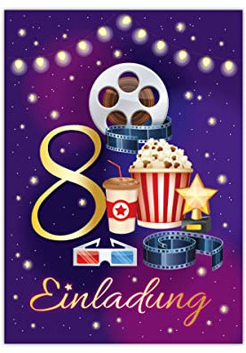 12 Einladungskarten zum 8. Kindergeburtstag Kino achte Geburtstag Mädchen Jungen Cinema Kino-Party