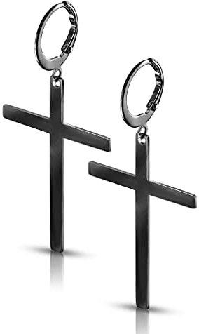 Bungsa Creolen mit großem Kreuz Anhänger aus 316L Edelstahl Unisex (Schwarz)