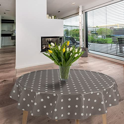 laro runde 140 cm wachstuchtischdecke wachstischdecke abwashbar PVC tischdecke Wachstuch wasserabweisend Garten tischdecke, Muster:Punkte Grau Weiß