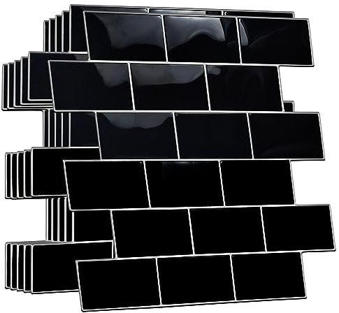 WALPLUS Upgrade Thicker 3D Tile Stickers Peel and Stick Backsplash Splashback Decals Tile Transfer for Kitchen Bathroom Living Room Stick on Tile Waterproof Black Metro Subway 20pcs 15.4x30.5cm