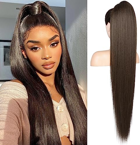 Flufymooz Ponytail Extension Pferdeschwanzverlängerung, 91 cm langer gerader Pferdeschwanz mit Kordelzug, Lockiger Pferdeschwanz Synthetisches Haarteil für Damen(Schwarz Braun)