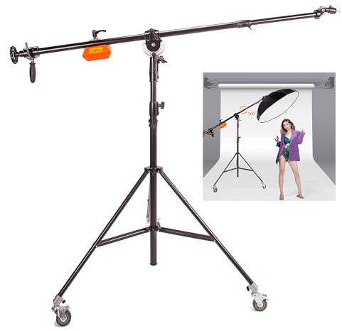 BOLLUMA Super robuster Lichtständer mit Galgenarm, Rollen und 5,9 kg Gegengewicht, federgepolsterter Fotoständer für Studio-Video-Softbox, Reflektor, Blitz, Monolicht, max. Belastung 10 kg