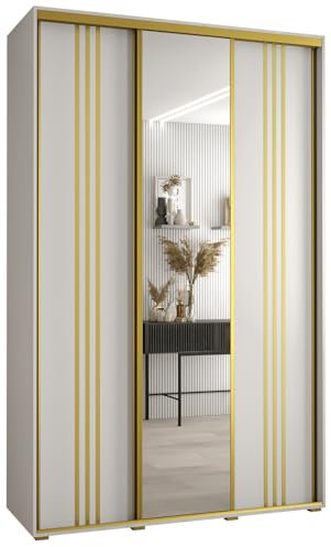 MEBLE KRYSPOL Davos 7 150 Schlafzimmerschrank mit DREI Schiebetüren - Moderner Aufbewahrungsschrank mit Spiegel, Kleiderstange und Regalen - 235,2x150x60 cm - Weiß Weiß Gold