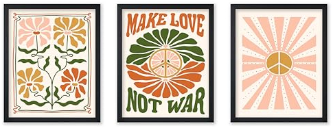 Poster Master 3-teiliges Boho-Poster – Retro Make Love Not War Druck – Blumenkunst – Frieden & Liebe Kunst – Geschenk für Männer & Frauen – schicke Wanddekoration für Schlafzimmer, Wohnzimmer oder