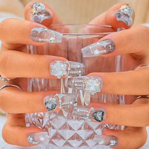 Sethexy Long Coffin Handmade False Nails - Luxury Sparkly Rhinestone, Gradient, Glitter Star, Goth Press on Nails Women Salon Stick on Nails 10PCS
