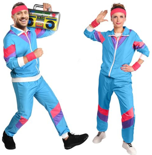 Aomig 90er 80er Jahre Kostüm Erwachsene, Retro Trainingsanzug für Männer Frauen, Disco Ganzkörperanzug, Partner Outfit Jacke und Hose 80er Party Bad Taste für Mottoparty Karneval(Blau-XL)