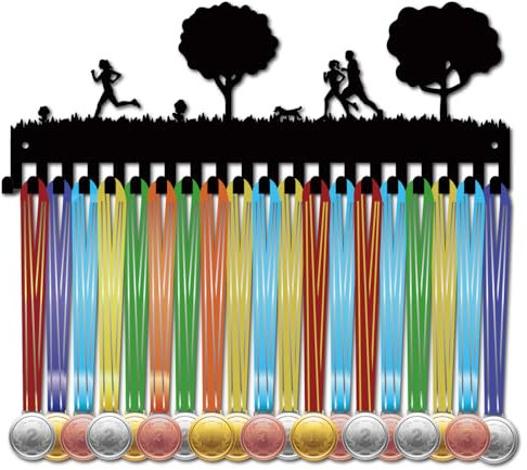 CREATCABIN Porta Medaglie da Jogging Espositore Appendiabiti per Medaglie Park Run Supporto A Parete Cornice Mensola Medaglie Appendiabiti Alberi Neri Decorazione da Parete Organizzatore di 40x15cm