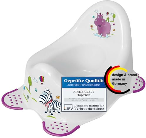 KiNDERWELT Pot de qualité supérieure pour enfants et bébés, design hippopotame, blanc, pot pour les tout-petits à partir de 18 mois, dossier haut, antidérapant et sans BPA