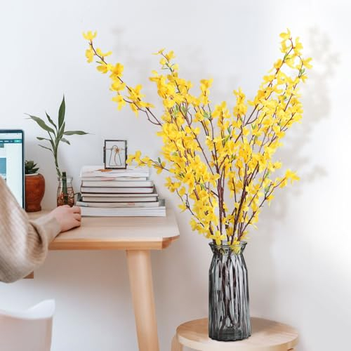 Mokylor 4 Stück Künstliche Forsythien, 94 cm Langer Stiel, Künstliche Orchideenblüten, Künstliche Forsythienblütenstiele aus Seide, Gelbe Orchideenblüten für Frühlingstürkränze,(Gelb)