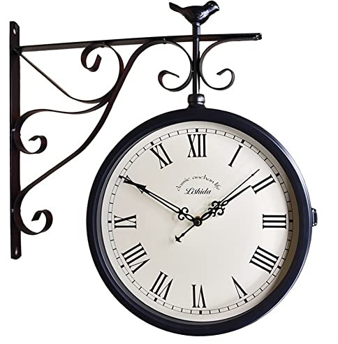 LUOYAOB Retro Bahnhofsuhr Doppelseitige Uhr im Freien, Retro-Zentralstationuhr, for Terrasse, Garage, Pool, Lanai, Zaun, Haus, Wohnzimmer, antike Bahnhofsuhr zweiseitige Uhr
