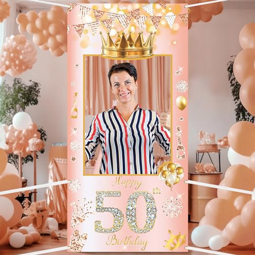 POPOYU 50 Geburtstag Rahme,Deko 50. Geburtstag Frauen Banner,Banner 50 GeburtstagFrau,deko 50.geburtstags Roségold.banner,50.Geburtstags Photo Booth Rahmen Geburtstagsbanner,Hintergrunddekorationen