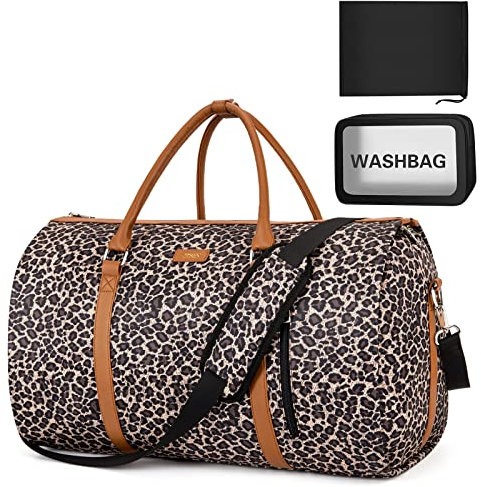 3 x Reise-Kleiderbeutel mit umwandelbarem Kulturbeutel, Weekendtasche, große Reisetasche für Damen und Herren, 2-in-1 zum Aufhängen, Schwarzer Punkt (Leopardenbraun)