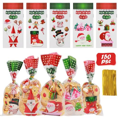 150 Stück Cellophantüten, Weihnachten Süßigkeiten Tüten, Kekse Goody Taschen mit 180Stück Twist Krawatten, Tütchen Zum Befüllen, Zellophantüten Klein für Plätzchen Kekse Pralinen (150)