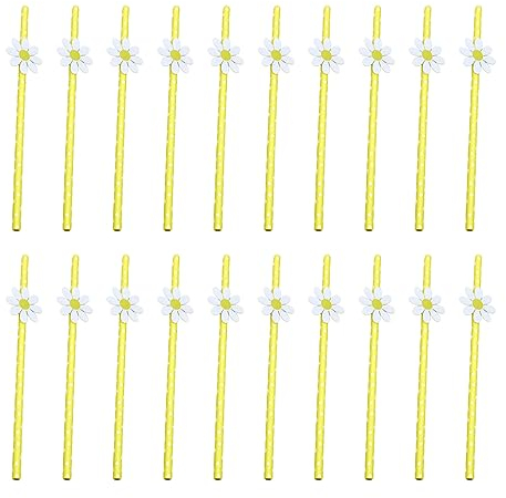 Lot de 20 pailles en papier à fleurs blanches et jaunes pour mariage, anniversaire