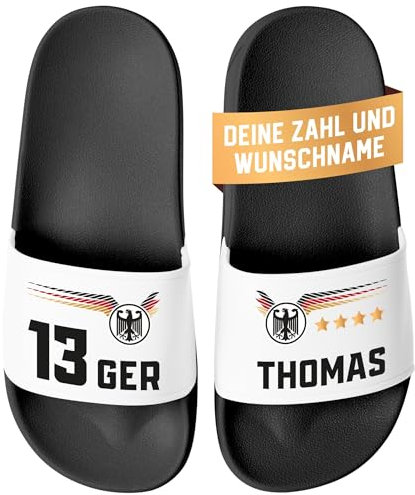 MoonWorks® Badeschlappen Herren Damen Fussball EM 24 personalisiert Deutschland Wunschname und Zahl Badelatschen Männer Frauen schwarz-weiß 44