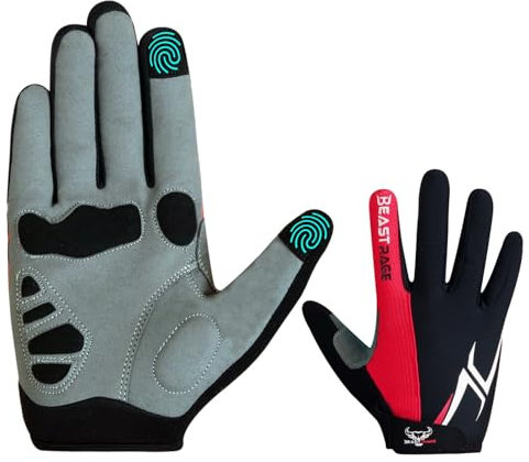 BEAST RAGE Halbfinger Fahrradhandschuhe für Damen und Herren, Gel-gepolstert, rutschfest, stoßdämpfend, Fitnesshandschuhe, atmungsaktive Mountainbike-Handschuhe für Mountainbike (Roter Finger, M)