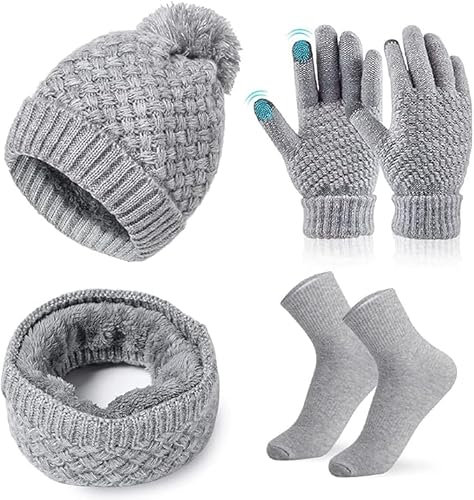 Schal Mütze Handschuhe Set Damen Winter,Gestrickt Mütze Schal Set mit Touchscreen Handschuhe Baumwoll Socken,Weiche Und Warme Beanie Ski Mütze Schal Geschenkset für Frauen Outdoor Sports 4 in 1 Set
