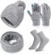 Schal Mütze Handschuhe Set Damen Winter,Gestrickt Mütze Schal Set mit Touchscreen Handschuhe Baumwoll Socken,Weiche Und Warme Beanie Ski Mütze Schal Geschenkset für Frauen Outdoor Sports 4 in 1 Set